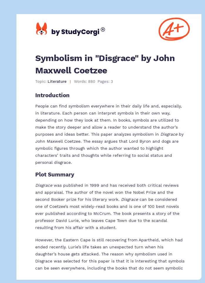 Symbolism in "Disgrace" by John Maxwell Coetzee. Page 1