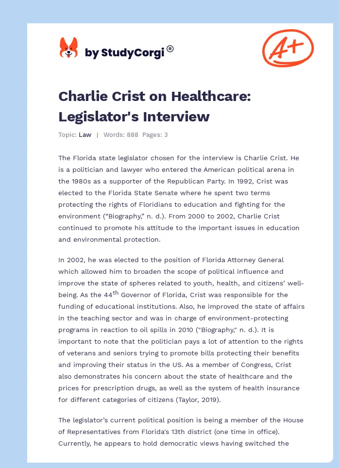 Charlie Crist on Healthcare: Legislator's Interview. Page 1