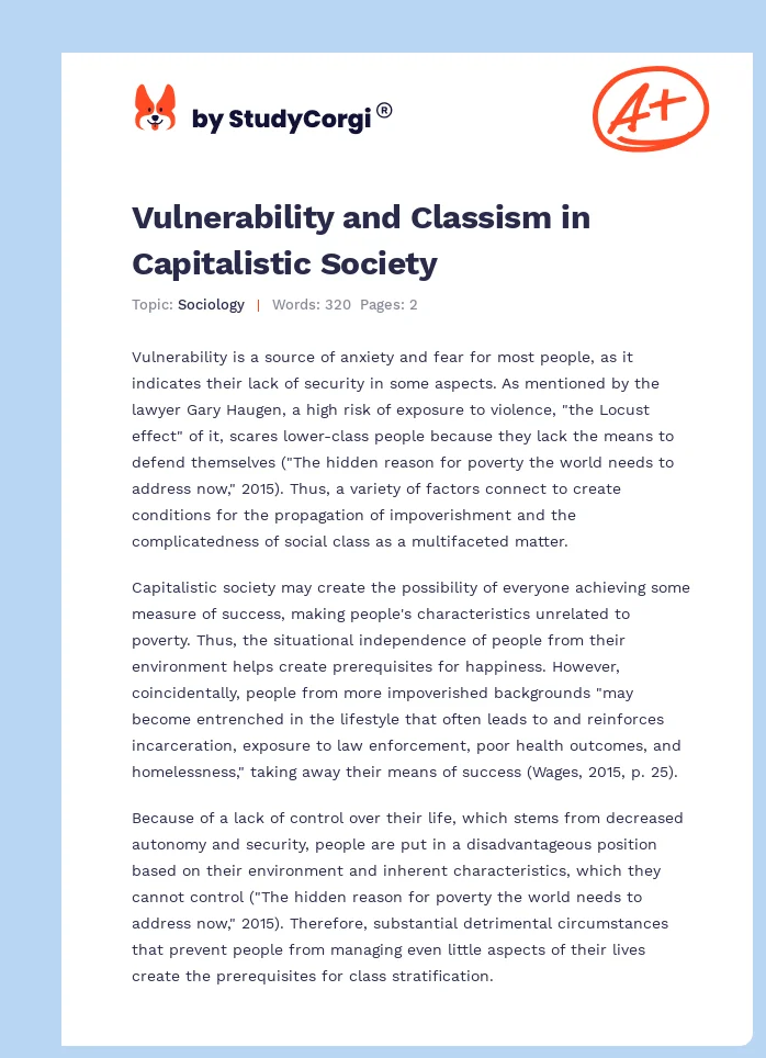 Vulnerability and Classism in Capitalistic Society. Page 1