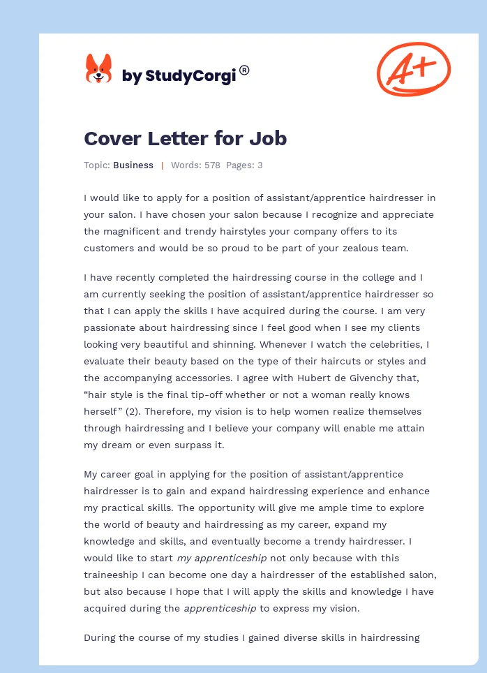 Cover Letter for Job. Page 1