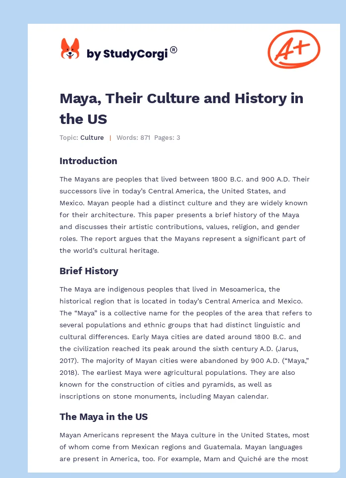Maya, Their Culture and History in the US. Page 1