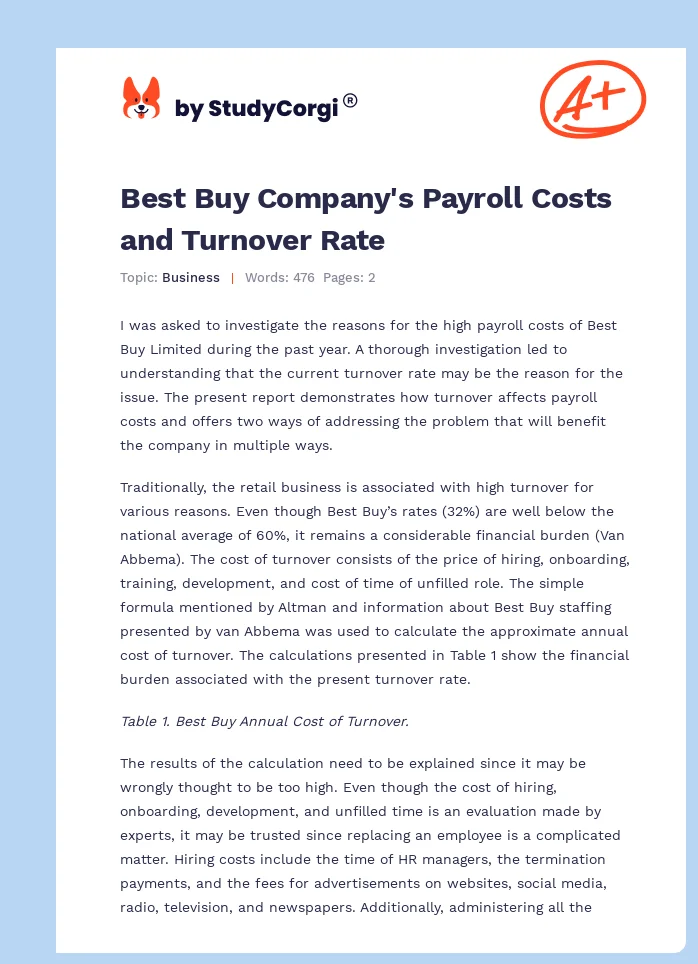 Best Buy Company's Payroll Costs and Turnover Rate. Page 1