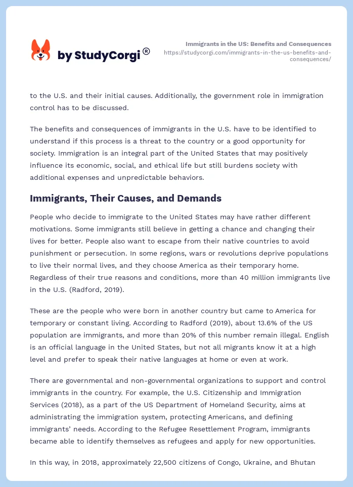 Immigrants in the US: Benefits and Consequences. Page 2