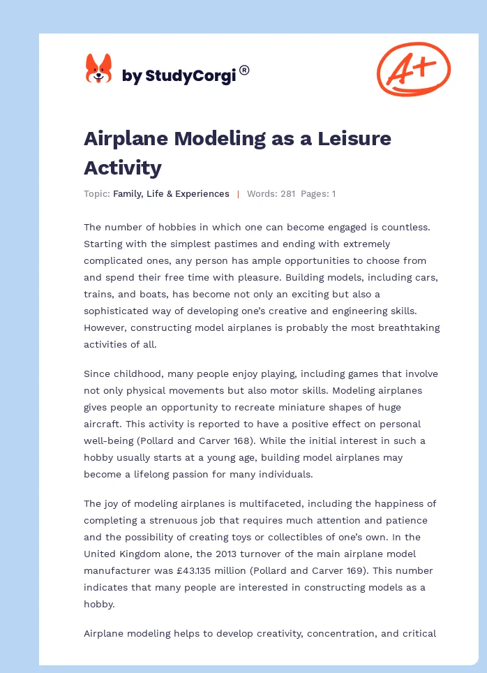 Airplane Modeling as a Leisure Activity. Page 1
