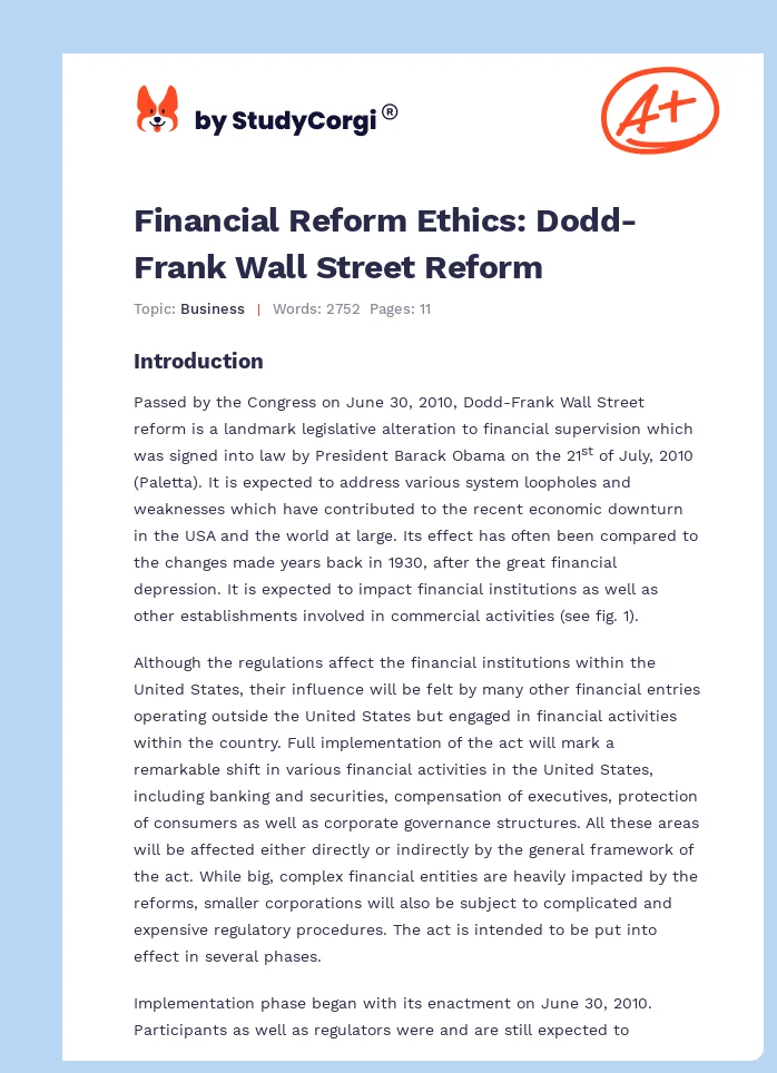 Financial Reform Ethics: Dodd-Frank Wall Street Reform. Page 1