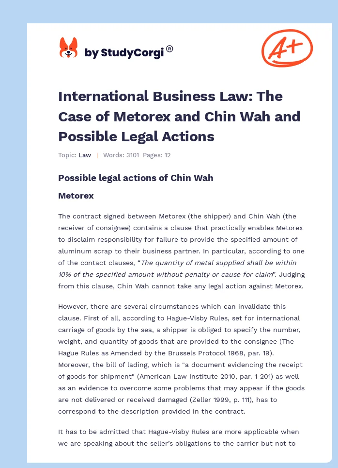 International Business Law: The Case of Metorex and Chin Wah and Possible Legal Actions. Page 1