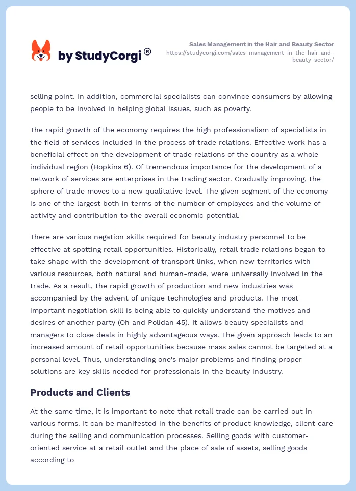 Sales Management in the Hair and Beauty Sector. Page 2