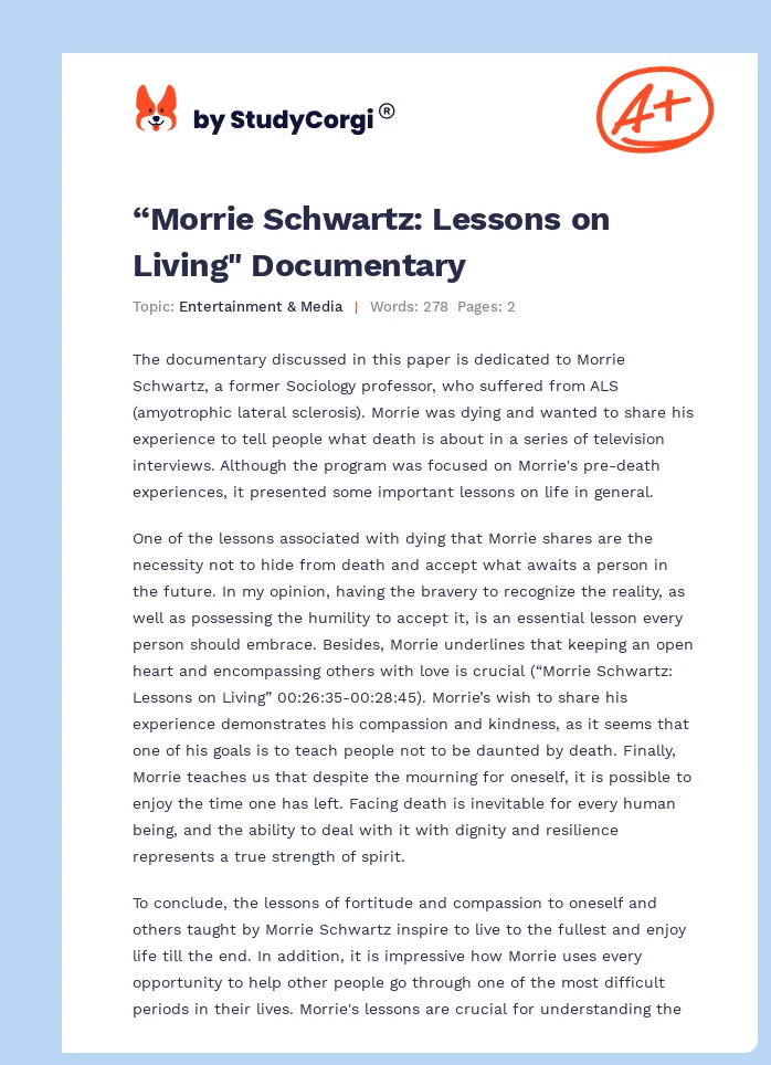 “Morrie Schwartz: Lessons on Living" Documentary. Page 1