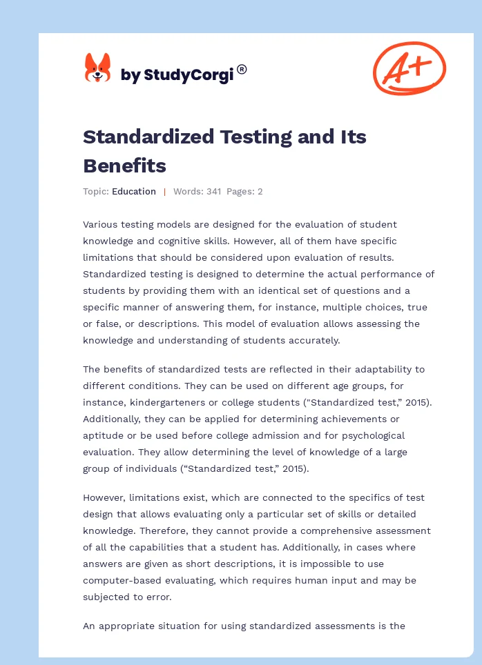 Standardized Testing and Its Benefits. Page 1