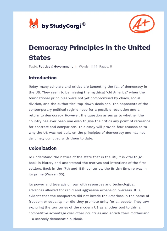Democracy Principles in the United States. Page 1