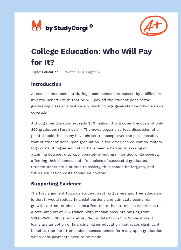 College Education: Who Will Pay for It?. Page 1