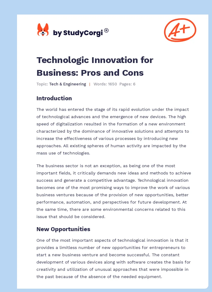 Technologic Innovation for Business: Pros and Cons. Page 1