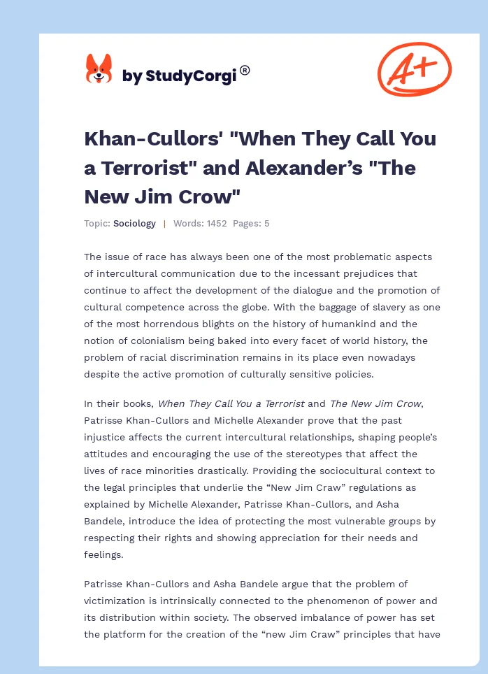 Khan-Cullors' "When They Call You a Terrorist" and Alexander’s "The New Jim Crow". Page 1