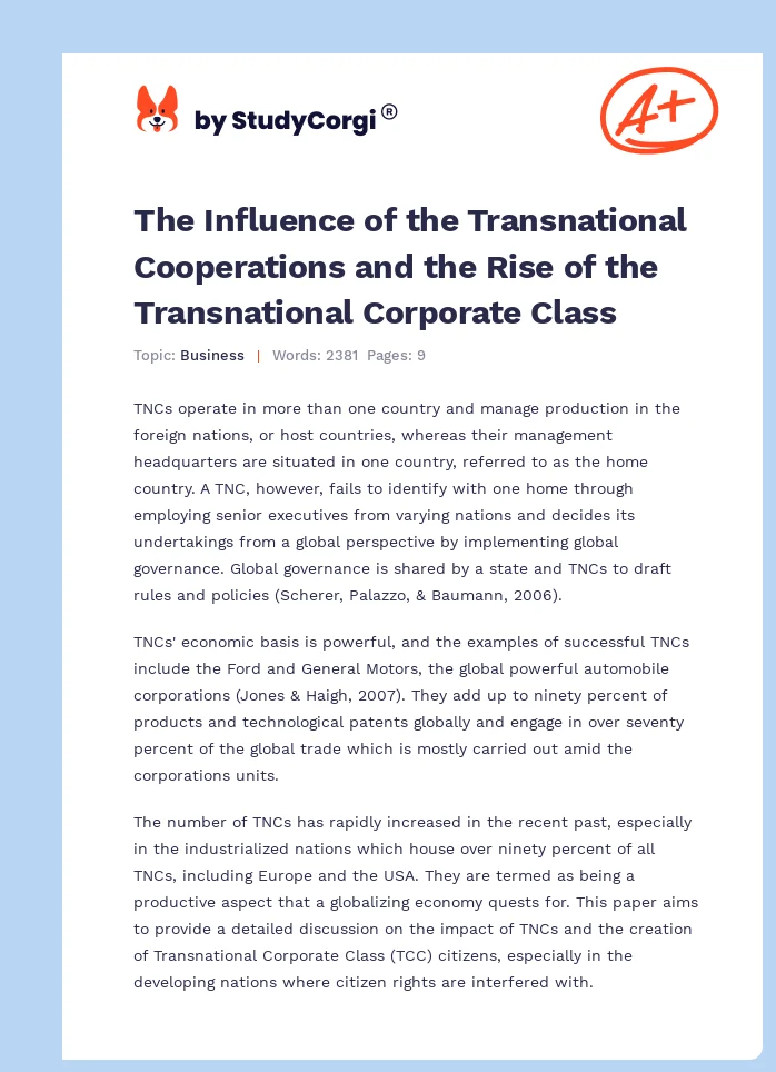 The Influence of the Transnational Cooperations and the Rise of the Transnational Corporate Class. Page 1