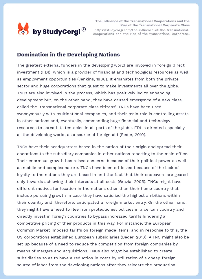 The Influence of the Transnational Cooperations and the Rise of the Transnational Corporate Class. Page 2