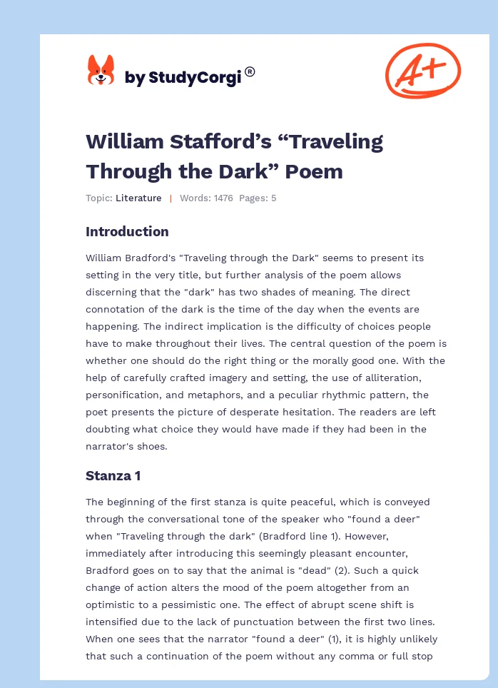 William Stafford’s “Traveling Through the Dark” Poem. Page 1