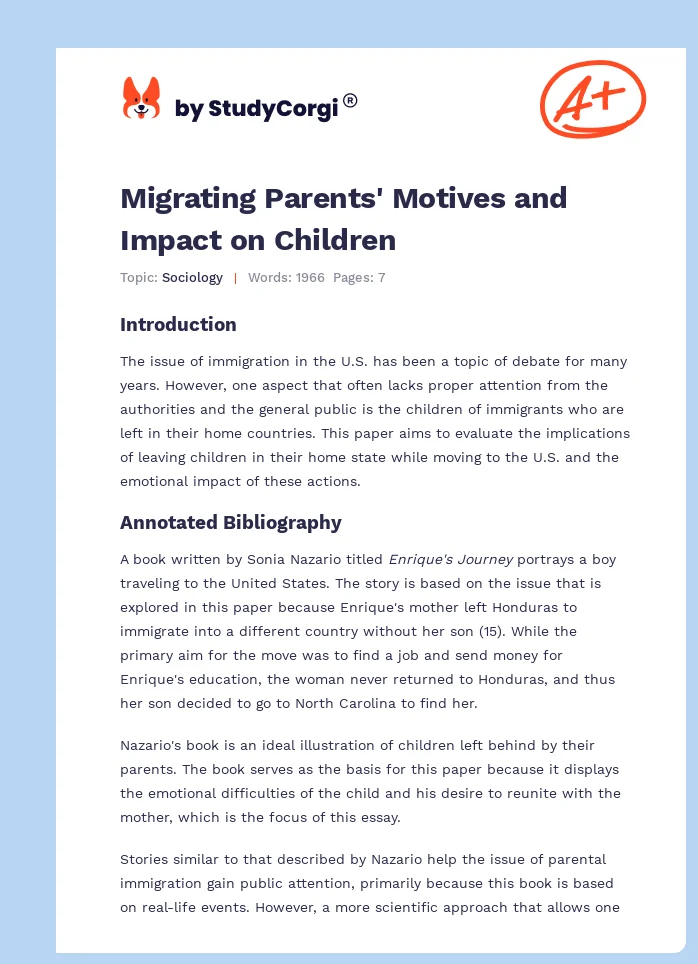 Migrating Parents' Motives and Impact on Children. Page 1
