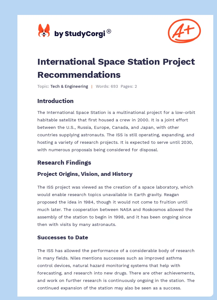 International Space Station Project Recommendations. Page 1