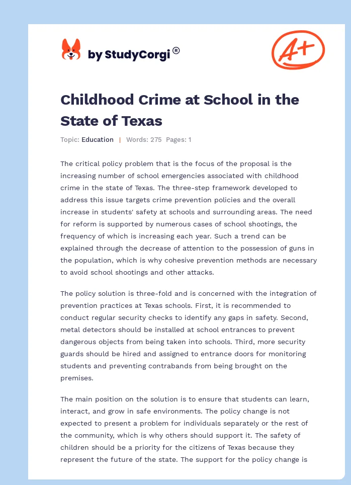 Childhood Crime at School in the State of Texas. Page 1