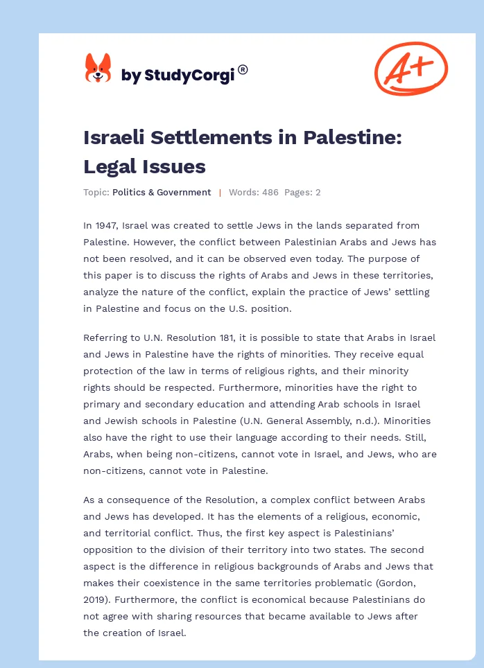 Israeli Settlements in Palestine: Legal Issues. Page 1
