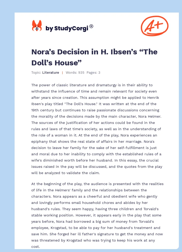 Nora’s Decision in H. Ibsen’s “The Doll’s House”. Page 1