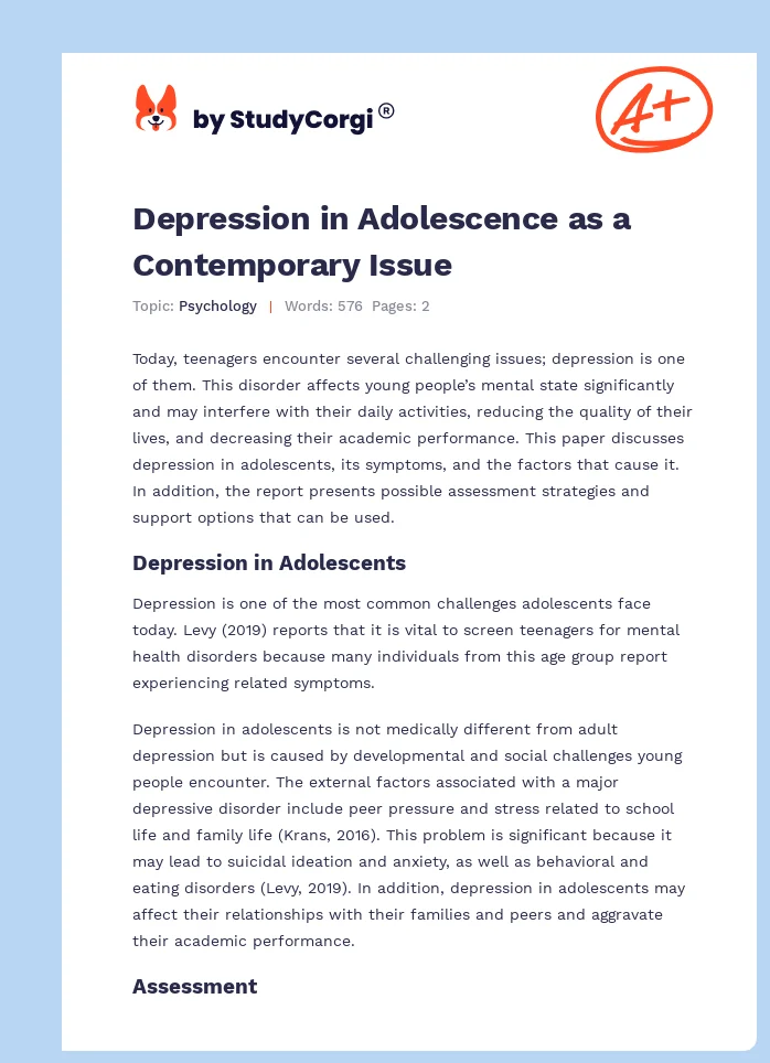 Depression in Adolescence as a Contemporary Issue. Page 1