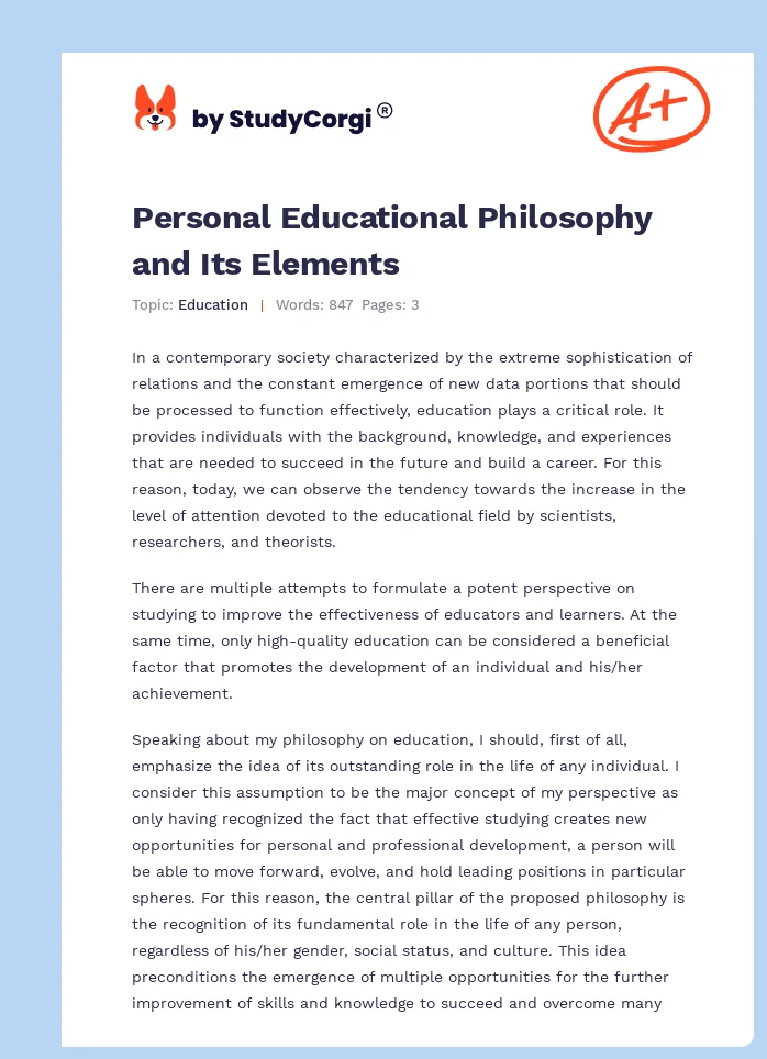 Personal Educational Philosophy and Its Elements. Page 1