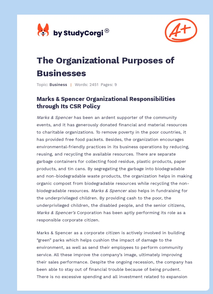 The Organizational Purposes of Businesses. Page 1