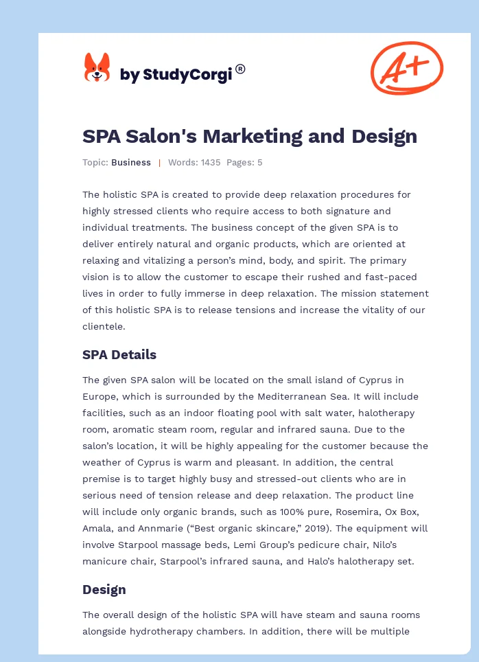 SPA Salon's Marketing and Design. Page 1