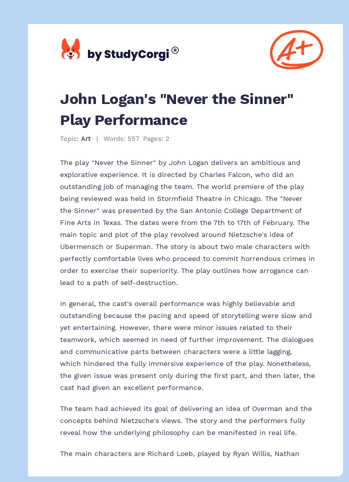 John Logan's "Never the Sinner" Play Performance. Page 1