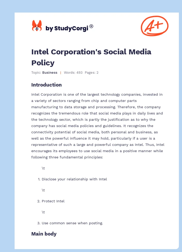 Intel Corporation's Social Media Policy. Page 1