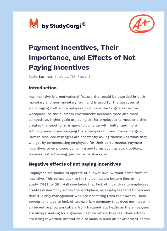 Payment Incentives, Their Importance, and Effects of Not Paying Incentives. Page 1