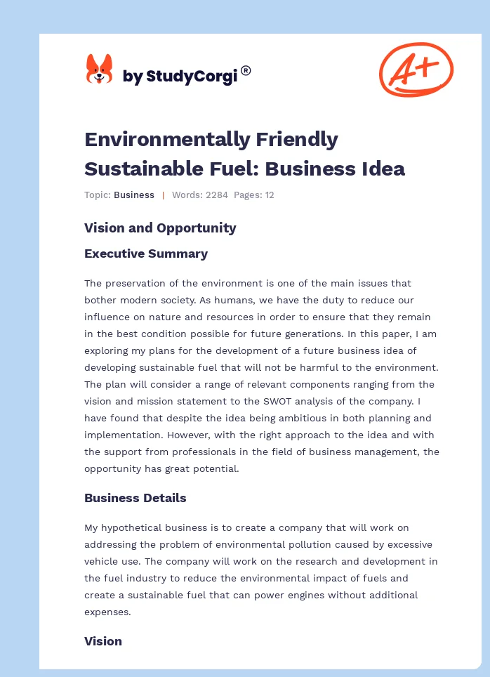 Environmentally Friendly Sustainable Fuel: Business Idea. Page 1
