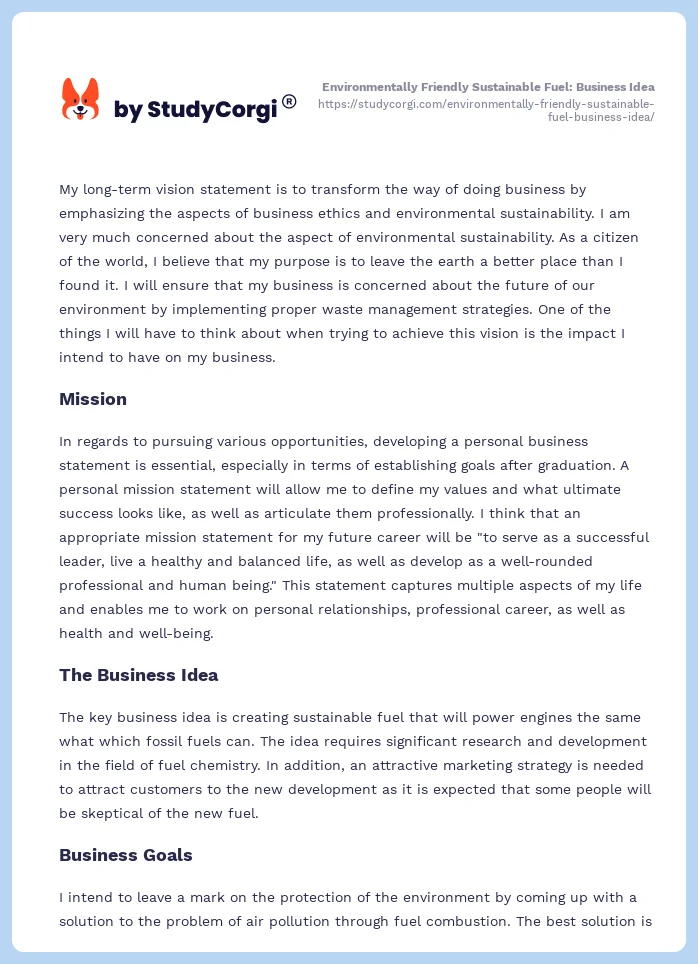 Environmentally Friendly Sustainable Fuel: Business Idea. Page 2