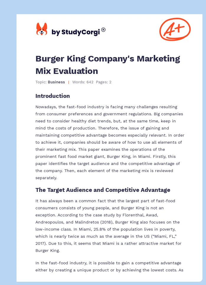 Burger King Company's Marketing Mix Evaluation. Page 1