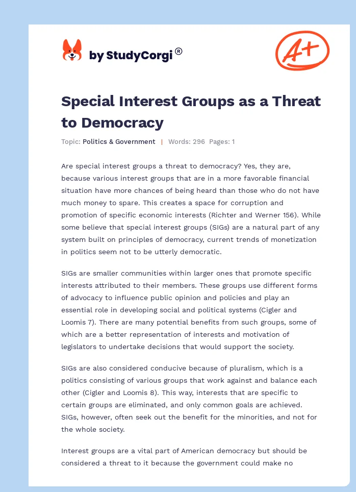 Special Interest Groups as a Threat to Democracy. Page 1