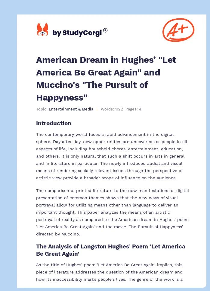 American Dream in Hughes’ "Let America Be Great Again" and Muccino's "The Pursuit of Happyness". Page 1