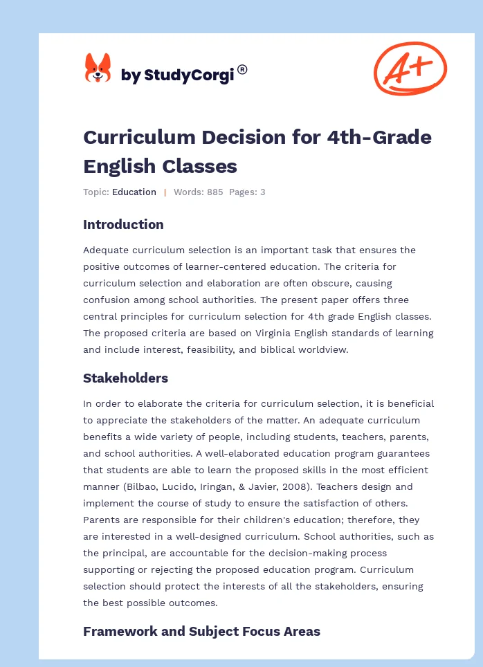 Curriculum Decision for 4th-Grade English Classes. Page 1