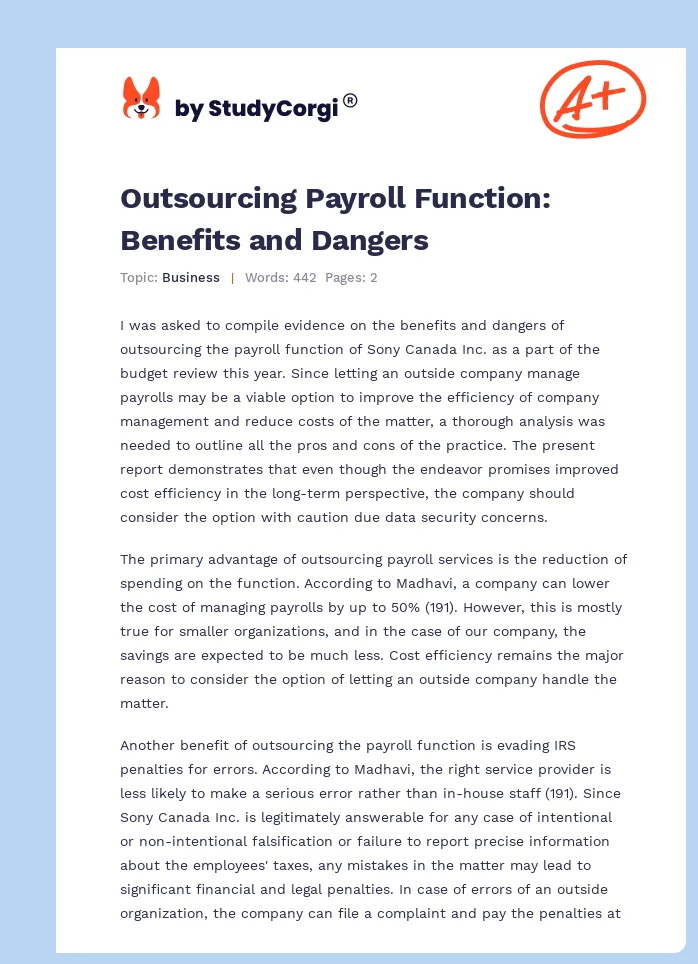 Outsourcing Payroll Function: Benefits and Dangers. Page 1