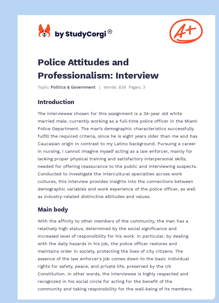 Police Attitudes and Professionalism: Interview. Page 1