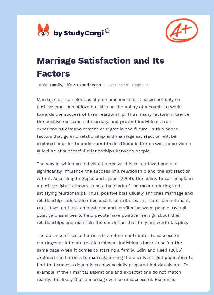 Marriage Satisfaction and Its Factors. Page 1