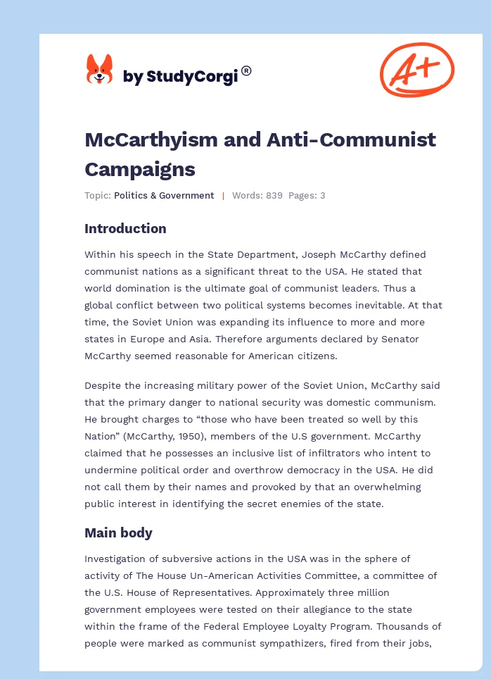 McCarthyism and Anti-Communist Campaigns. Page 1
