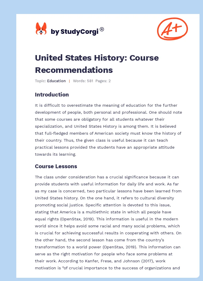 United States History: Course Recommendations. Page 1