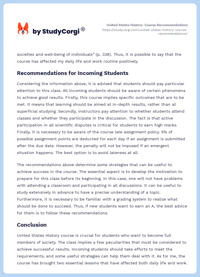 United States History: Course Recommendations. Page 2