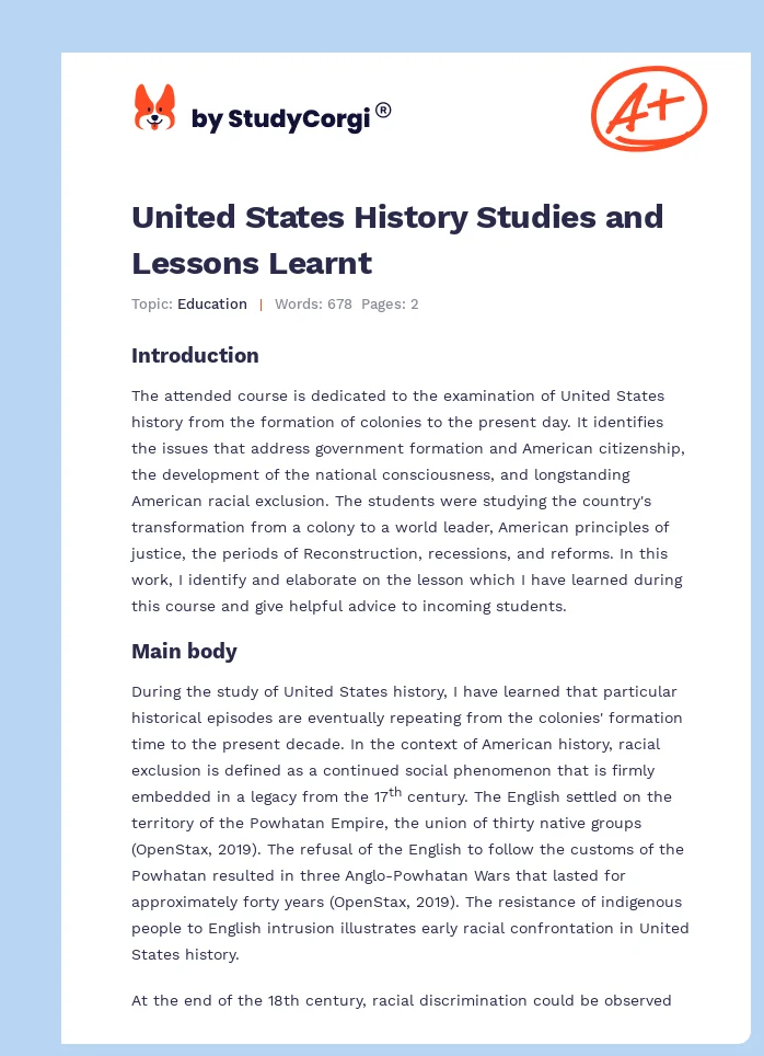 United States History Studies and Lessons Learnt. Page 1