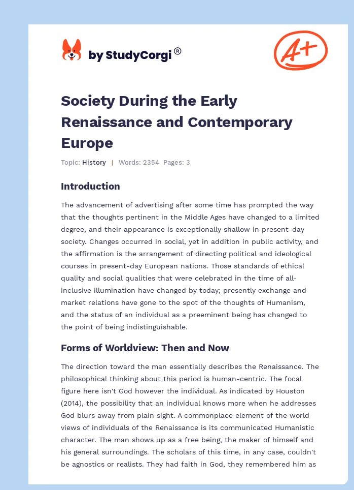 Society During the Early Renaissance and Contemporary Europe. Page 1