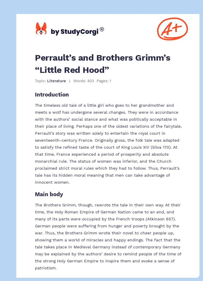 Perrault’s and Brothers Grimm’s “Little Red Hood”. Page 1