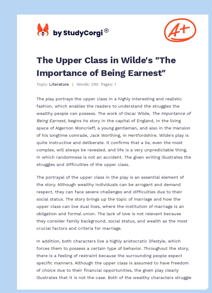 The Upper Class in Wilde's "The Importance of Being Earnest". Page 1