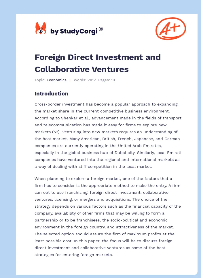 Foreign Direct Investment and Collaborative Ventures. Page 1