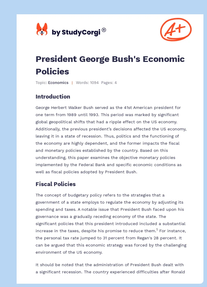 President George Bush's Economic Policies. Page 1